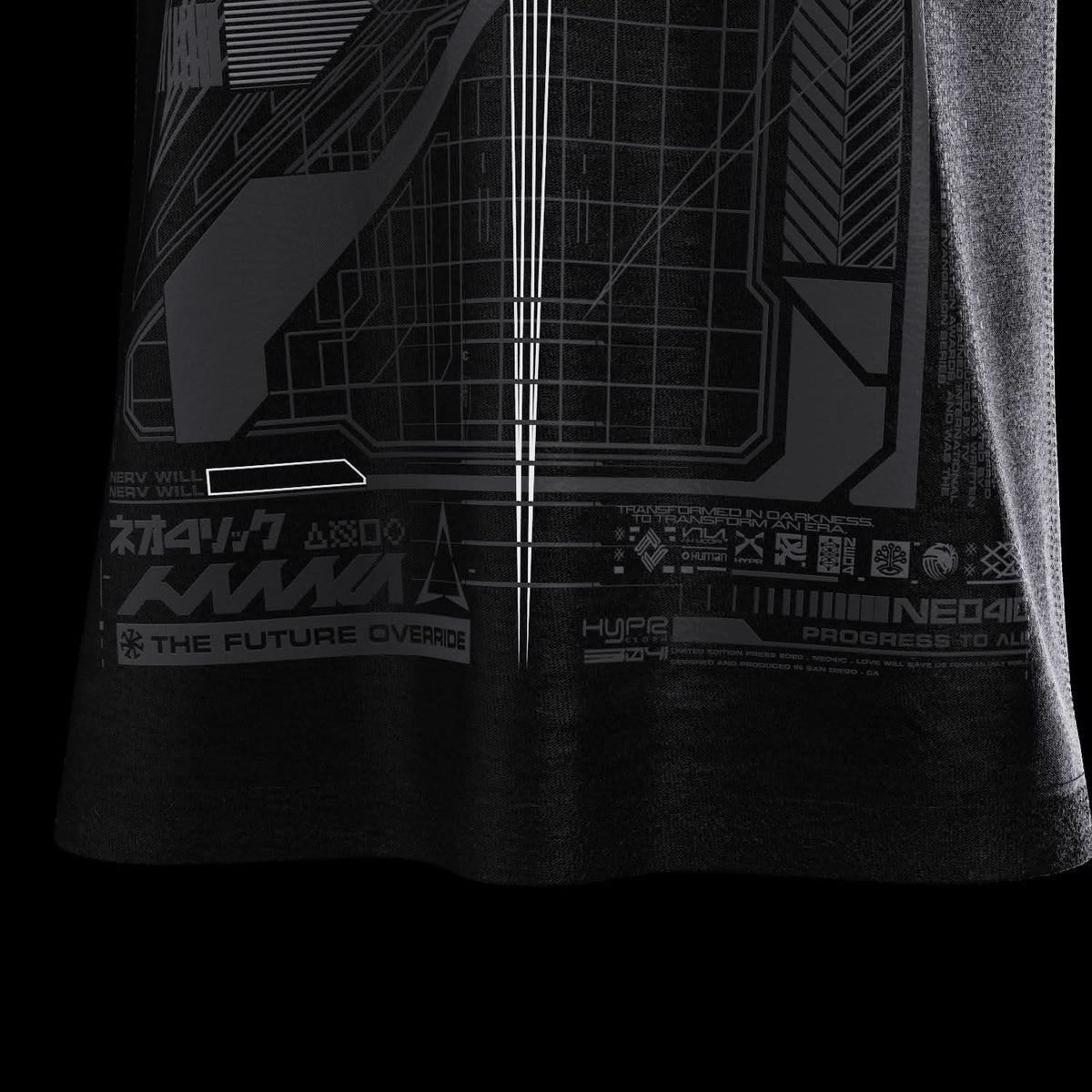 Close-up of gray printed details near black T-shirt hem.
