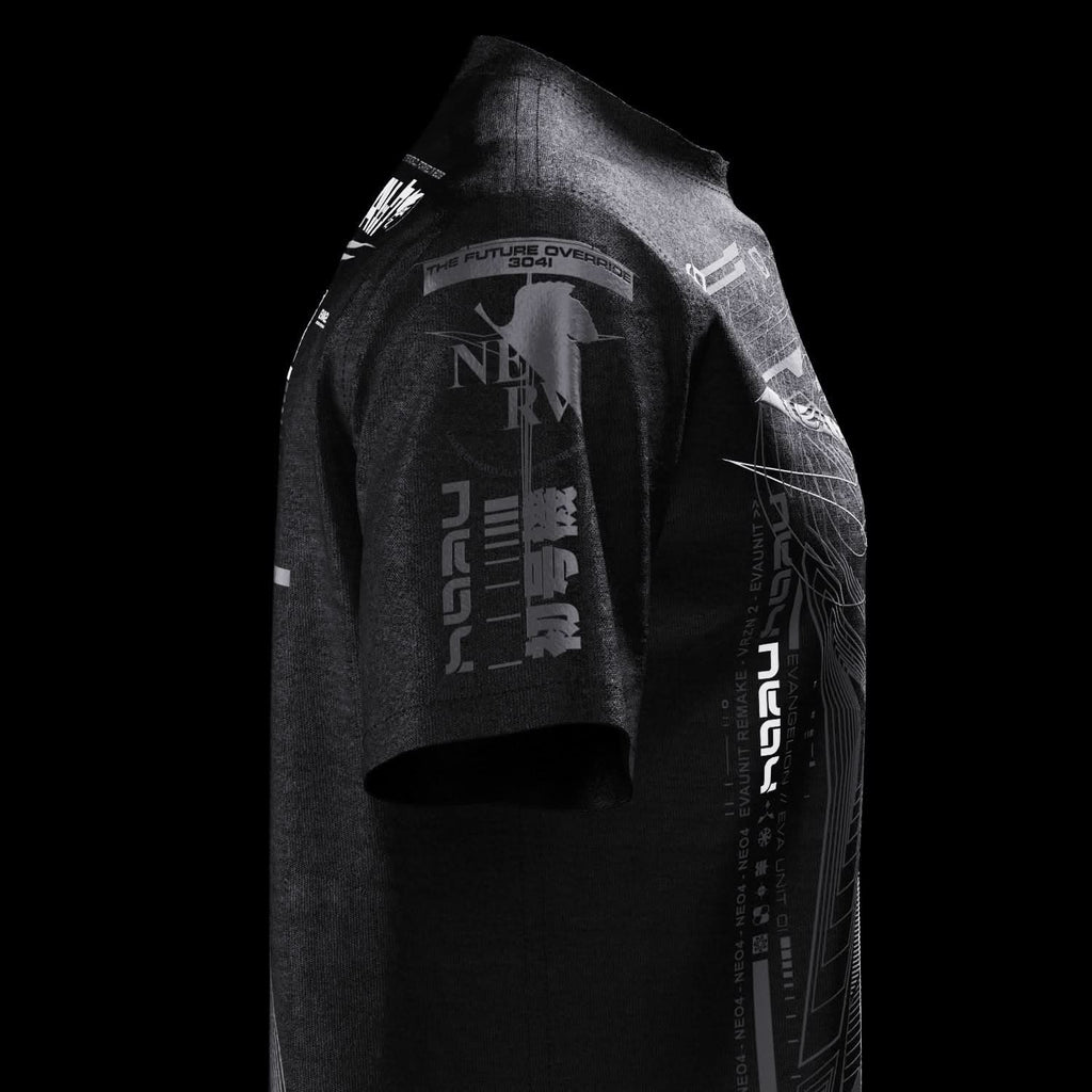 Angled front view of black T-shirt with gray technical artwork.