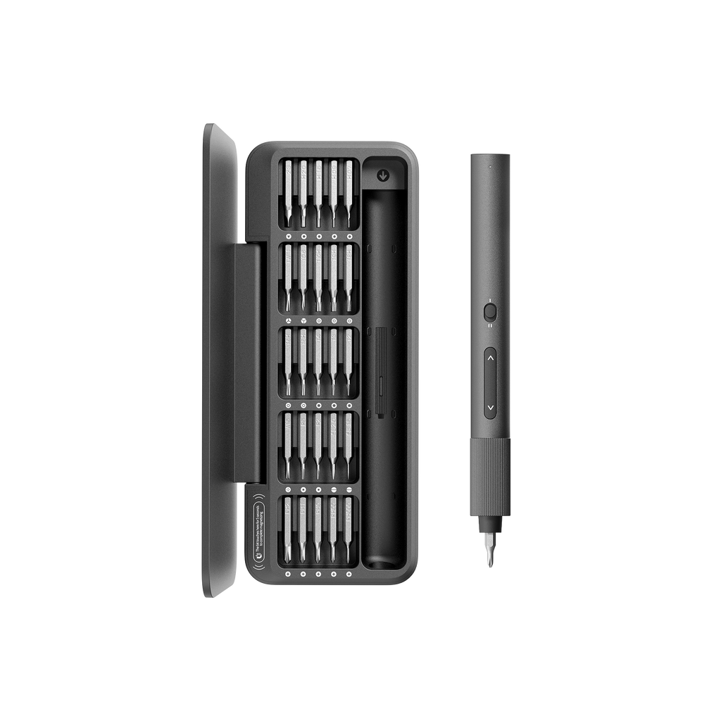 Precision screwdriver with fitted bit case.