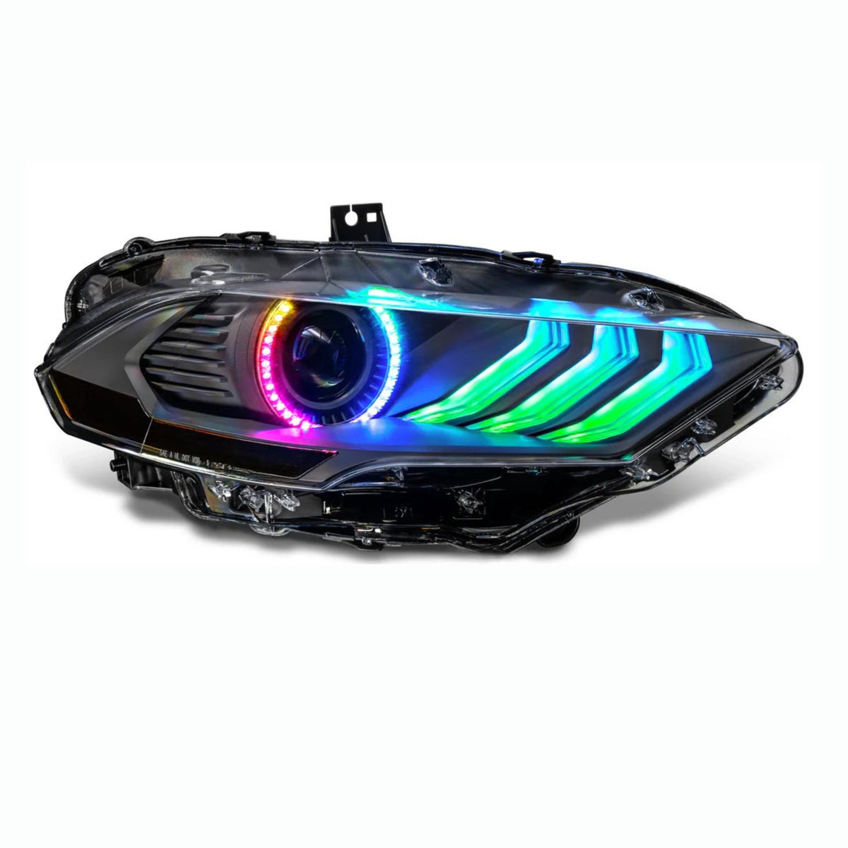 Single headlight assembly with rainbow strips and ring.