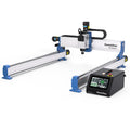 Open-frame CNC router and separate touchscreen controller on white background.