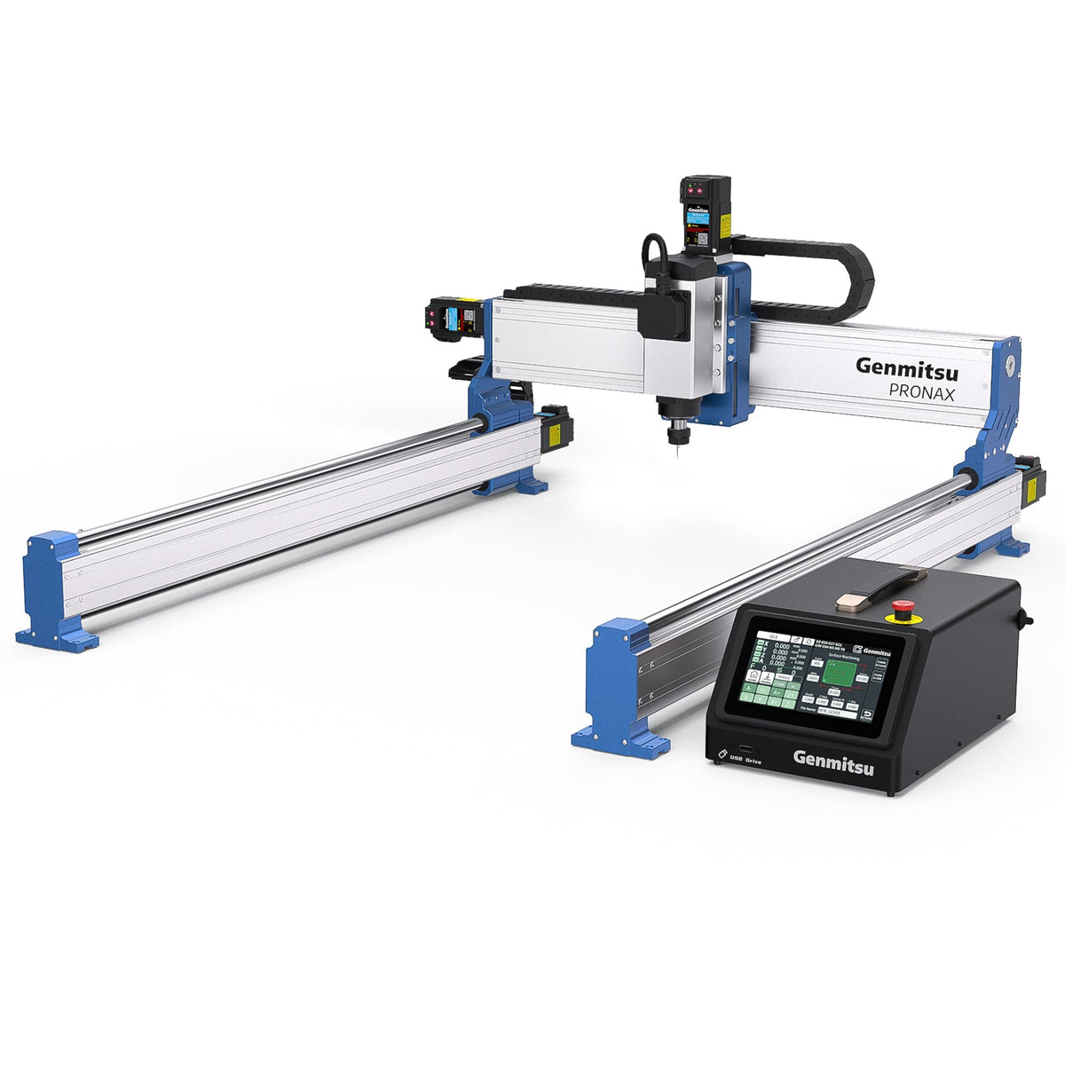 Open-frame CNC router and separate touchscreen controller on white background.