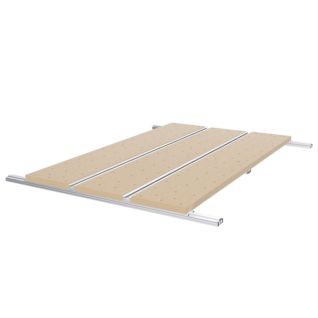 Wooden CNC spoilboard panel on white background.