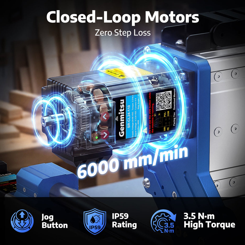 CNC motor graphic with speed and rotation labels.