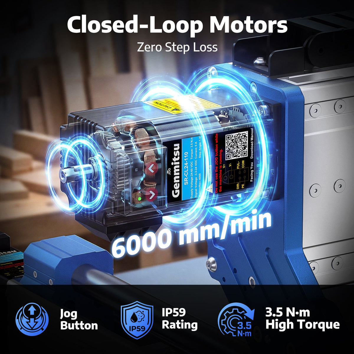 CNC motor graphic with speed and rotation labels.