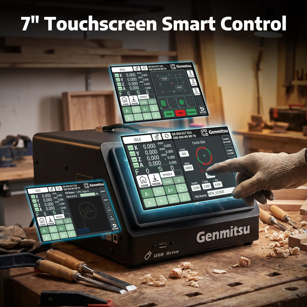 CNC touchscreen controller displaying toolpath settings.