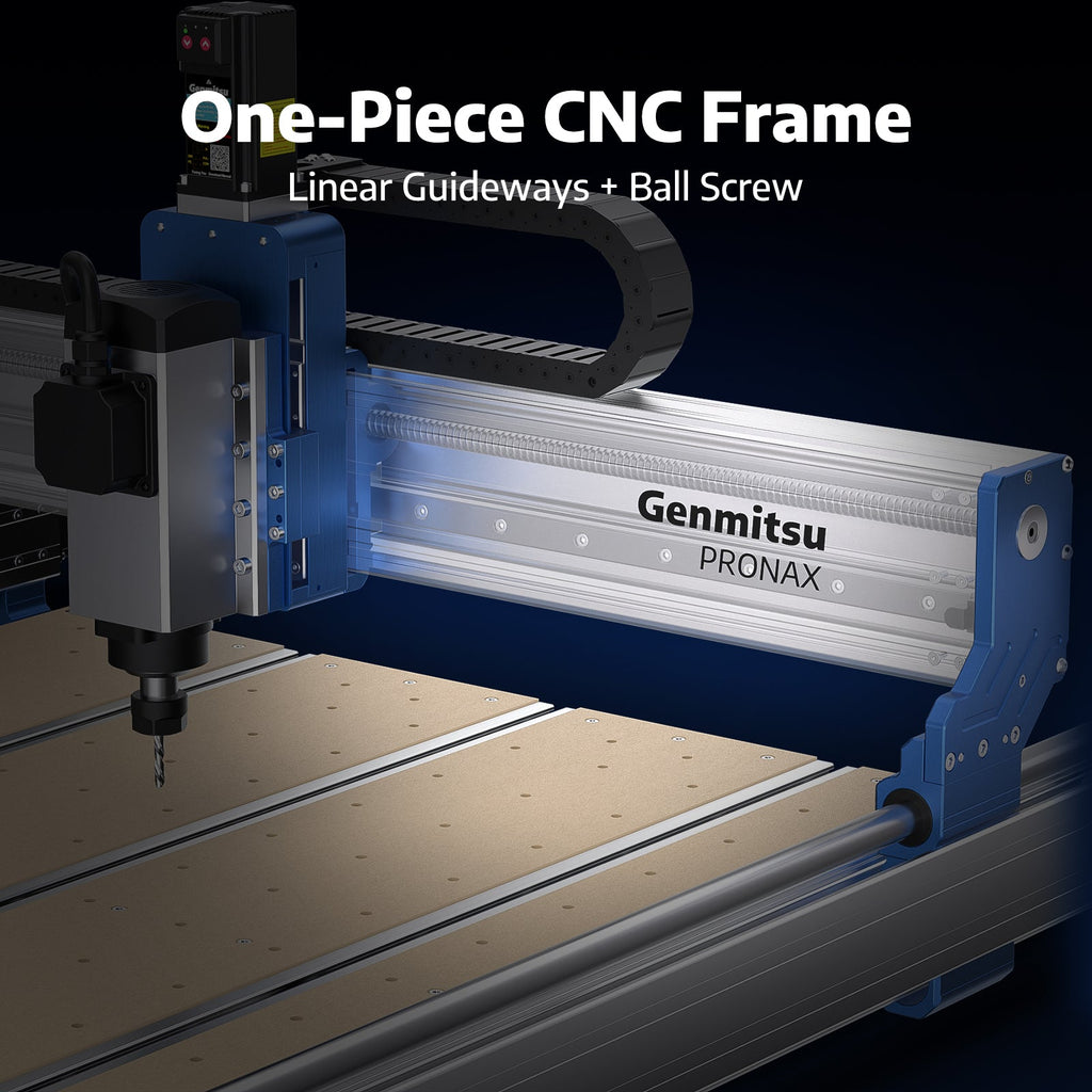 Close-up of CNC frame and spindle in a dark workshop.