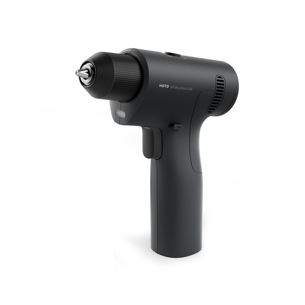 Black cordless drill on white background.