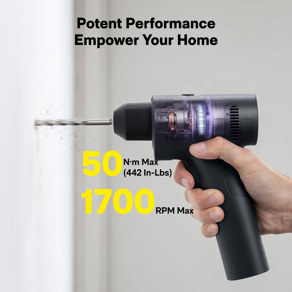 Power drill with performance graphic.