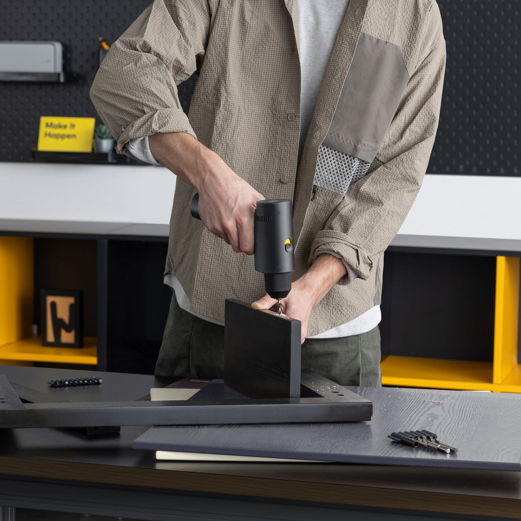 Person carrying tool case with household task information.