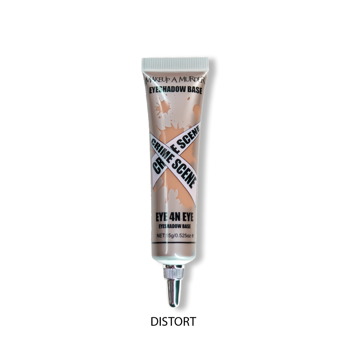Pale cosmetic squeeze tube beside shade swatch.