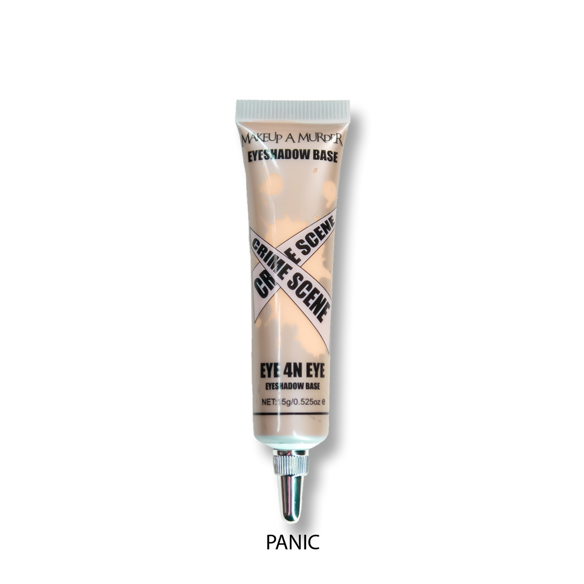 Beige cosmetic squeeze tube beside shade swatch.