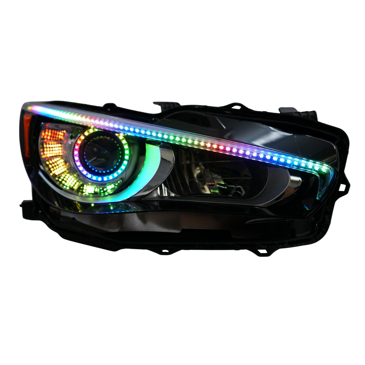 Single headlight assembly with rainbow strips and ring.