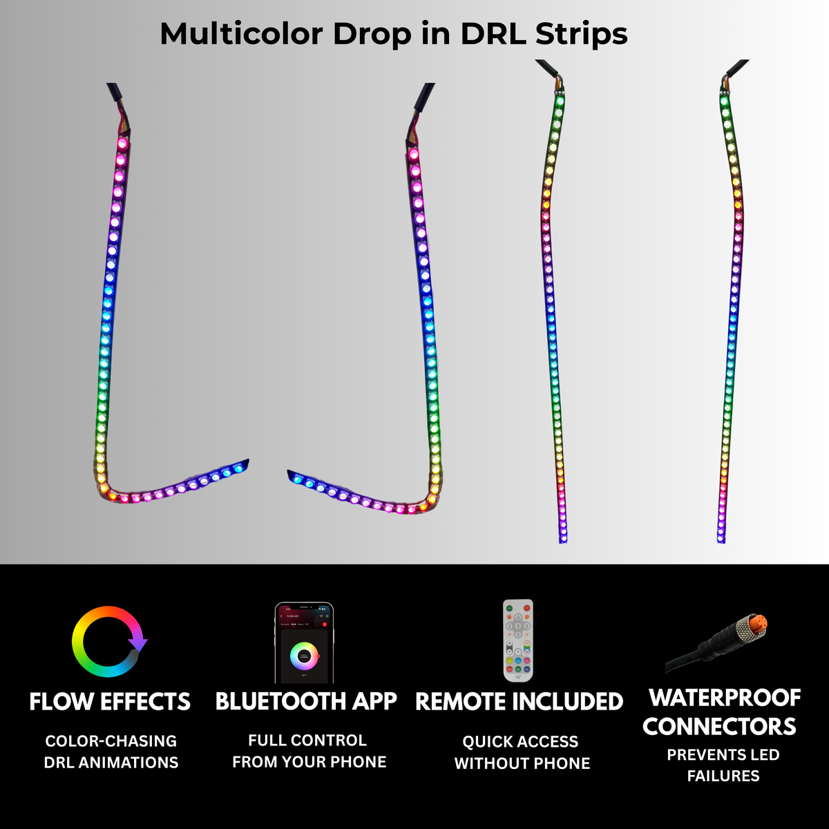 Multicolor headlight lighting strips with controller features graphic.