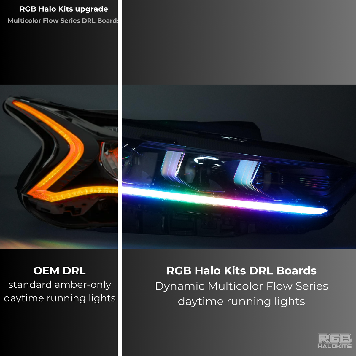 Comparison of original headlight and multicolor lighting upgrade.