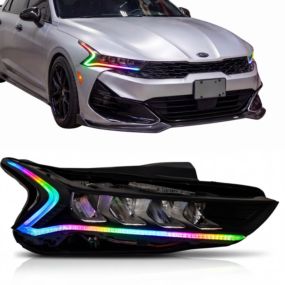 Silver car and headlight assembly with multicolor strips.
