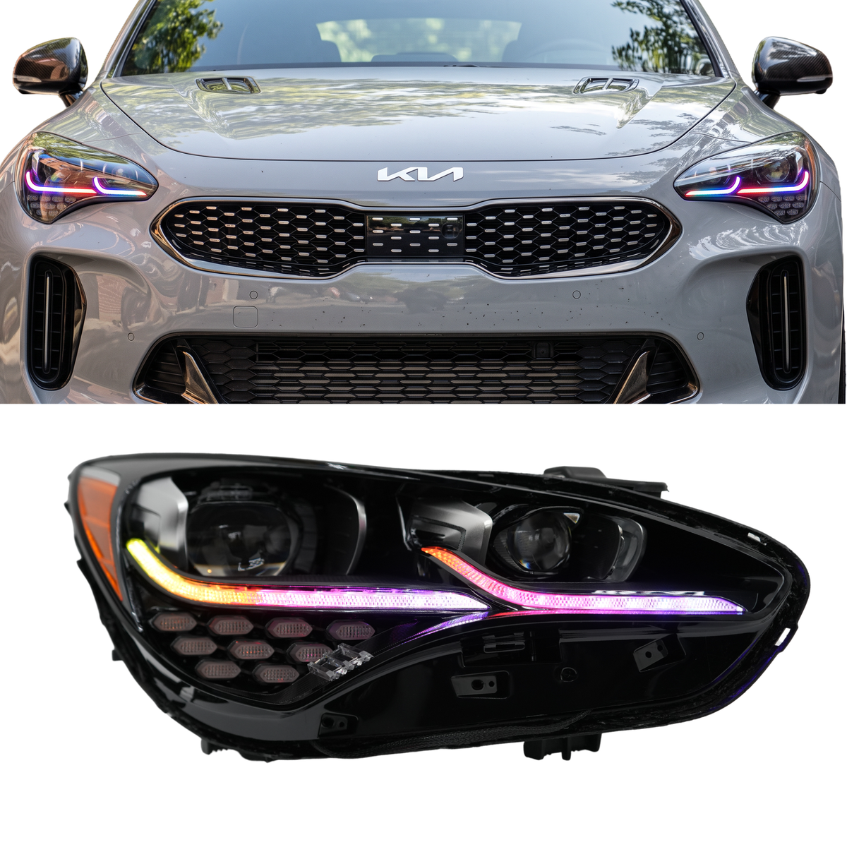 Silver car and headlight assembly with rainbow lighting.