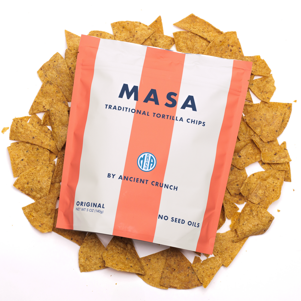 Masa snack bag surrounded by chips.