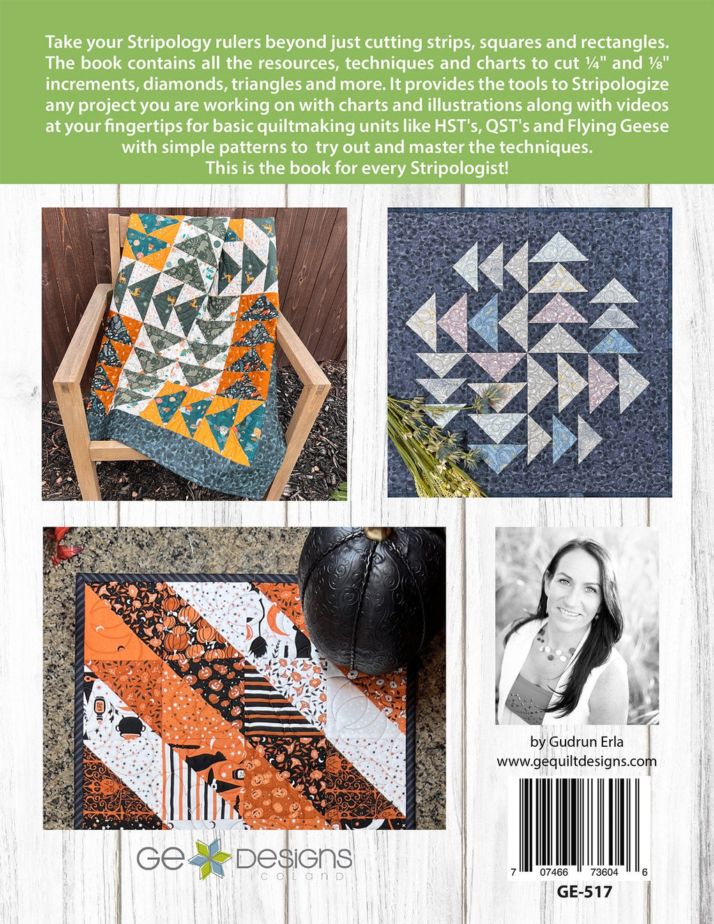 Back cover of quilting ruler book with quilt examples.