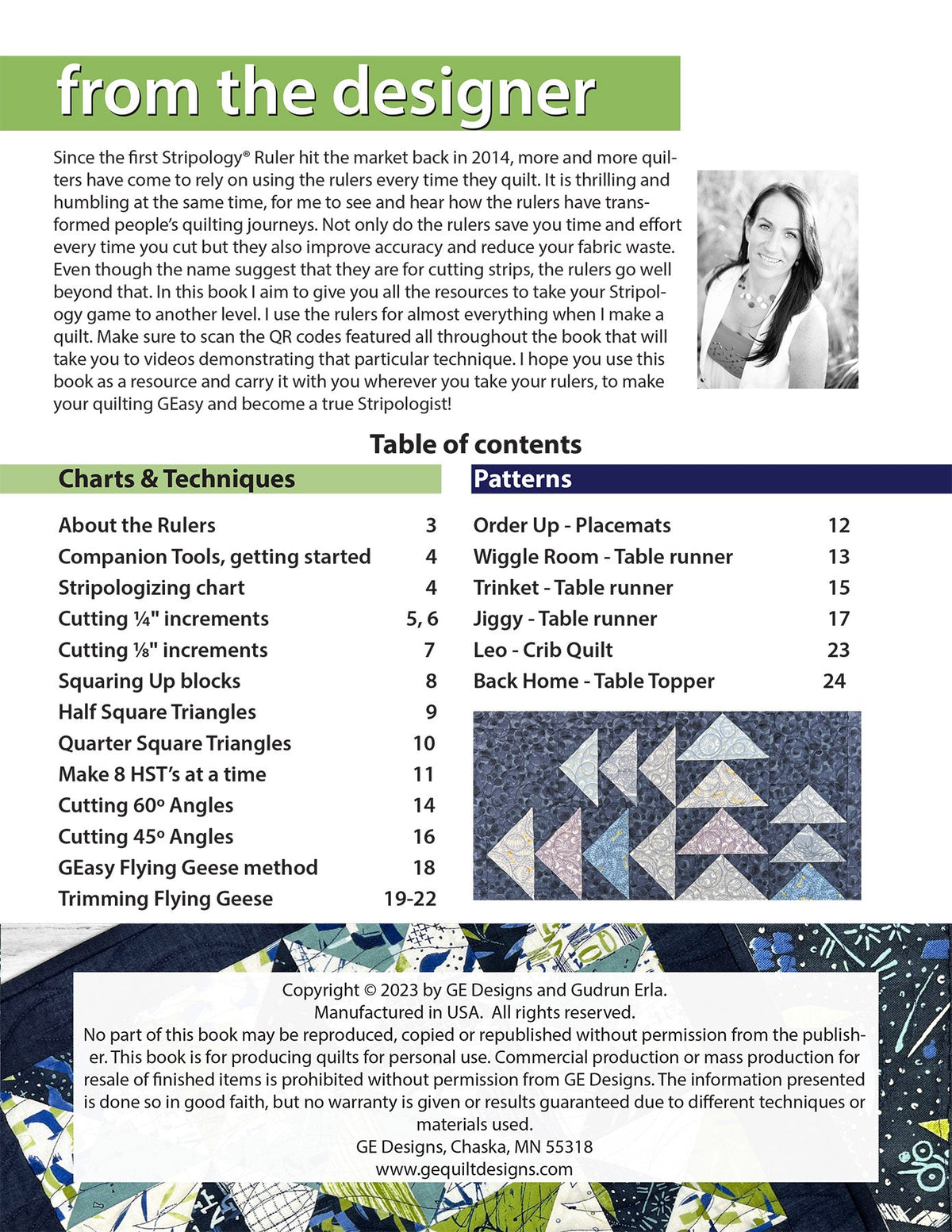 Quilting book page with designer information and quilt examples.