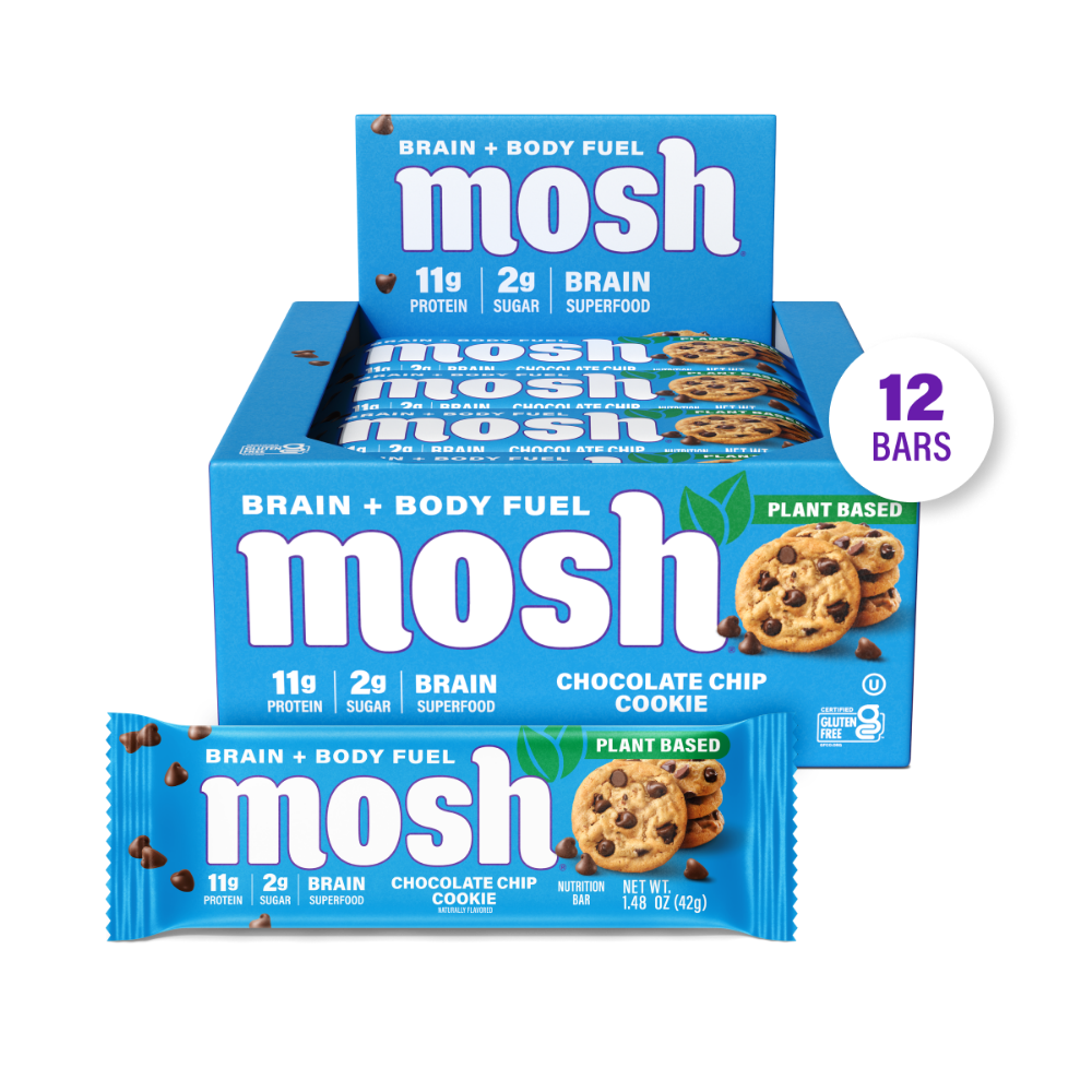 Blue MOSH chocolate chip cookie box and wrappers with a 12-bar label.