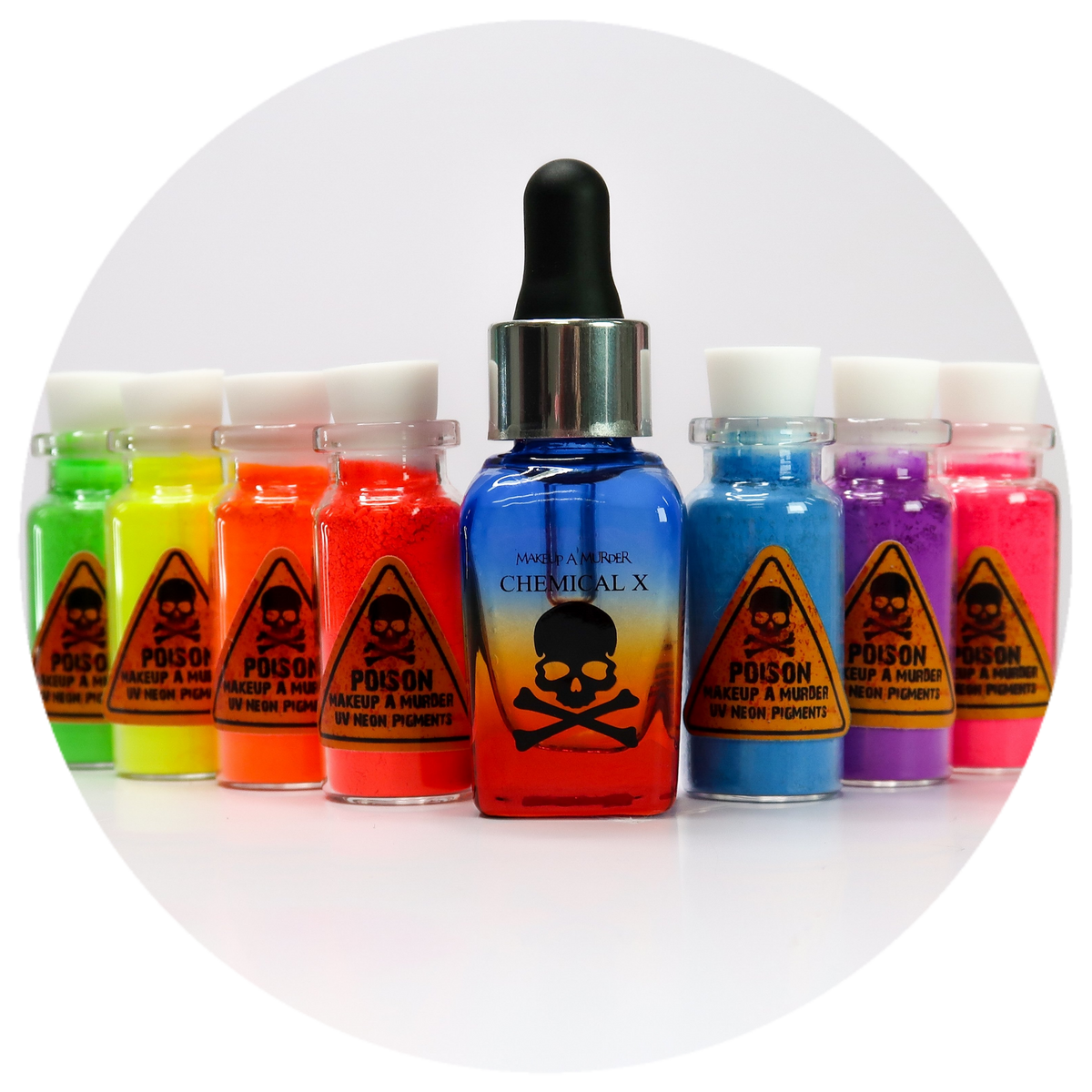Assorted cosmetic bottles beside rainbow dropper bottle.