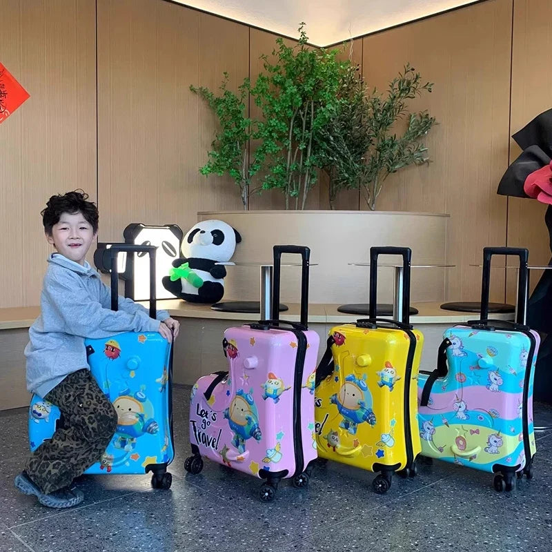 Child beside colorful illustrated suitcases.