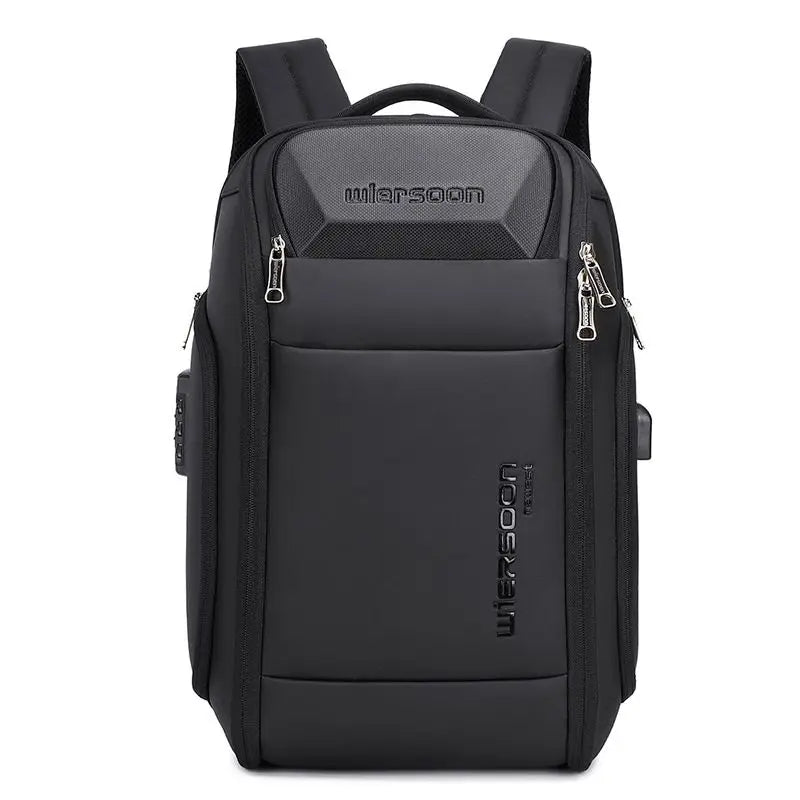 Black backpack front view.