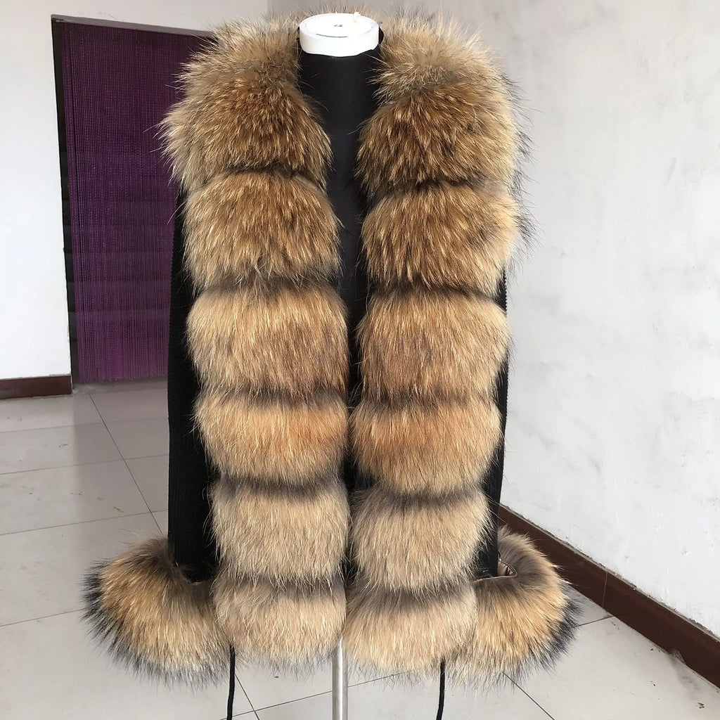 Long tan fluffy vest on mannequin.