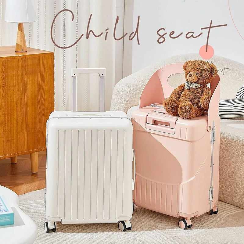 Pink and white child-seat suitcases viewed from rear.
