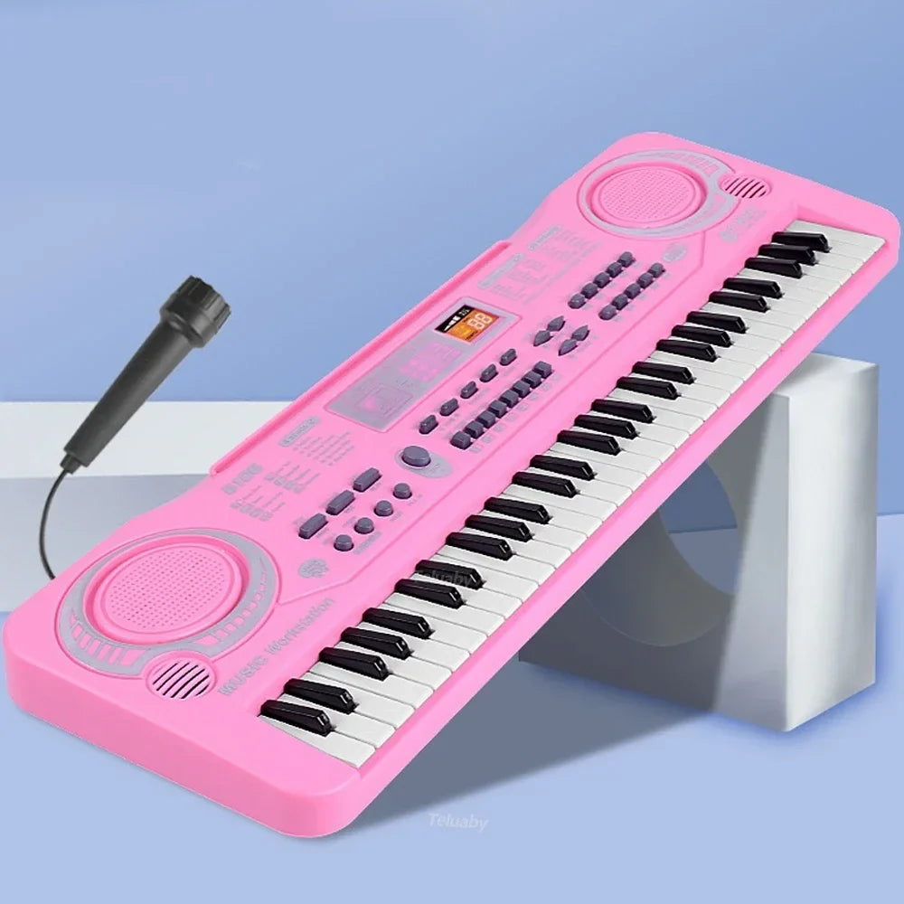 Pink electronic keyboard with microphone.