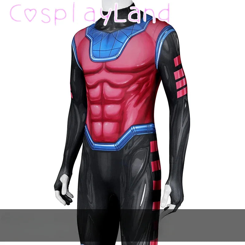 Red and blue superhero costume torso close-up.