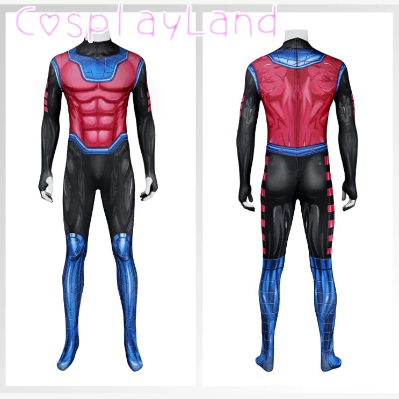 Red and blue superhero costume front and rear.
