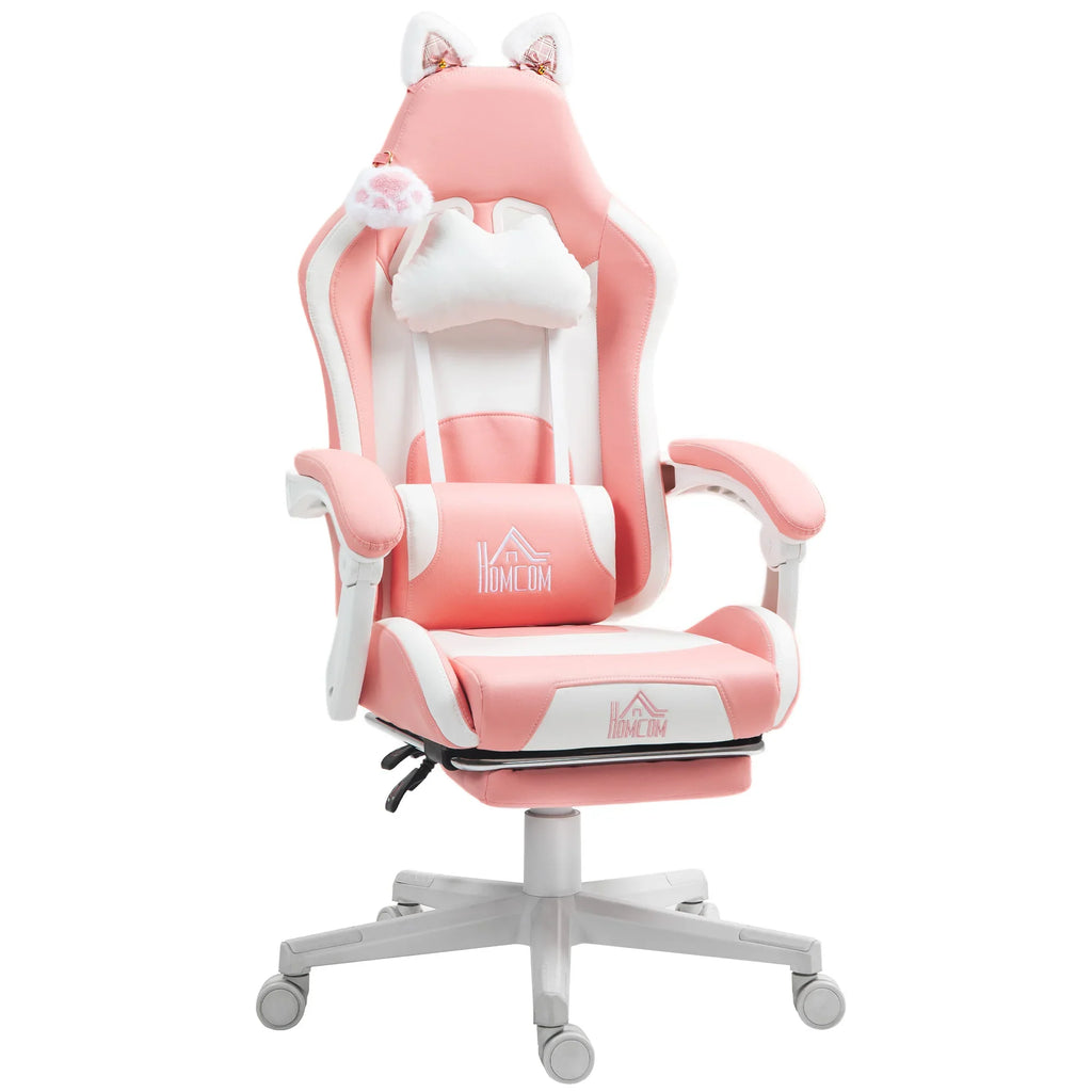 HOMCOM Racing Gaming Chair with Cat Ears, Reclining Faux Leather Computer Chair with Footrest, Lumbar Support and Headrest, Height Adjustable Gamer Chair with Swivel Seat and Wheels, Pink