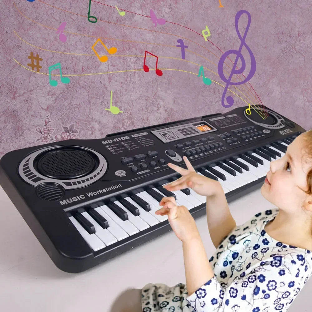 Child playing electronic keyboard with music graphic.