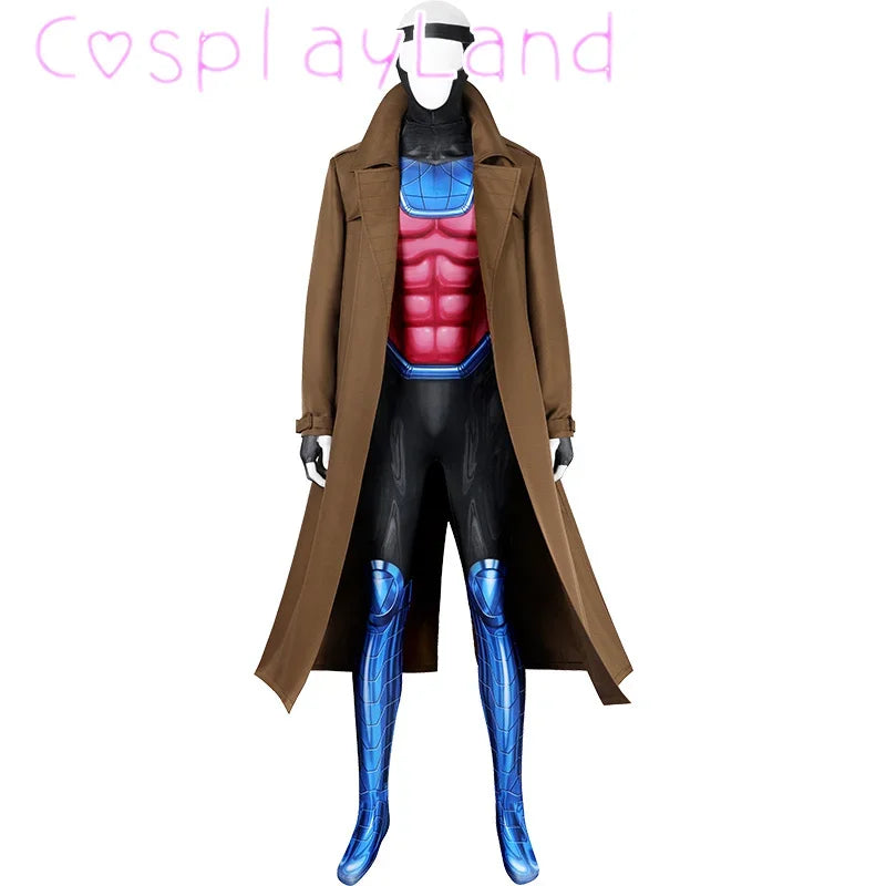 Mannequin wearing superhero costume with brown coat.