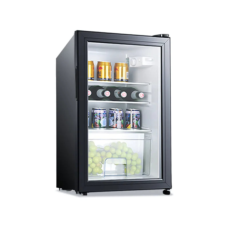 Glass-door beverage refrigerator on white background.