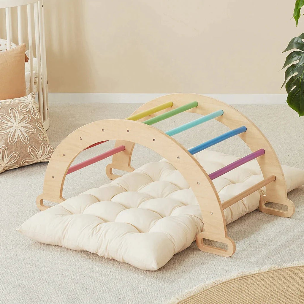 Colorful wooden arch with a cream tufted cushion.