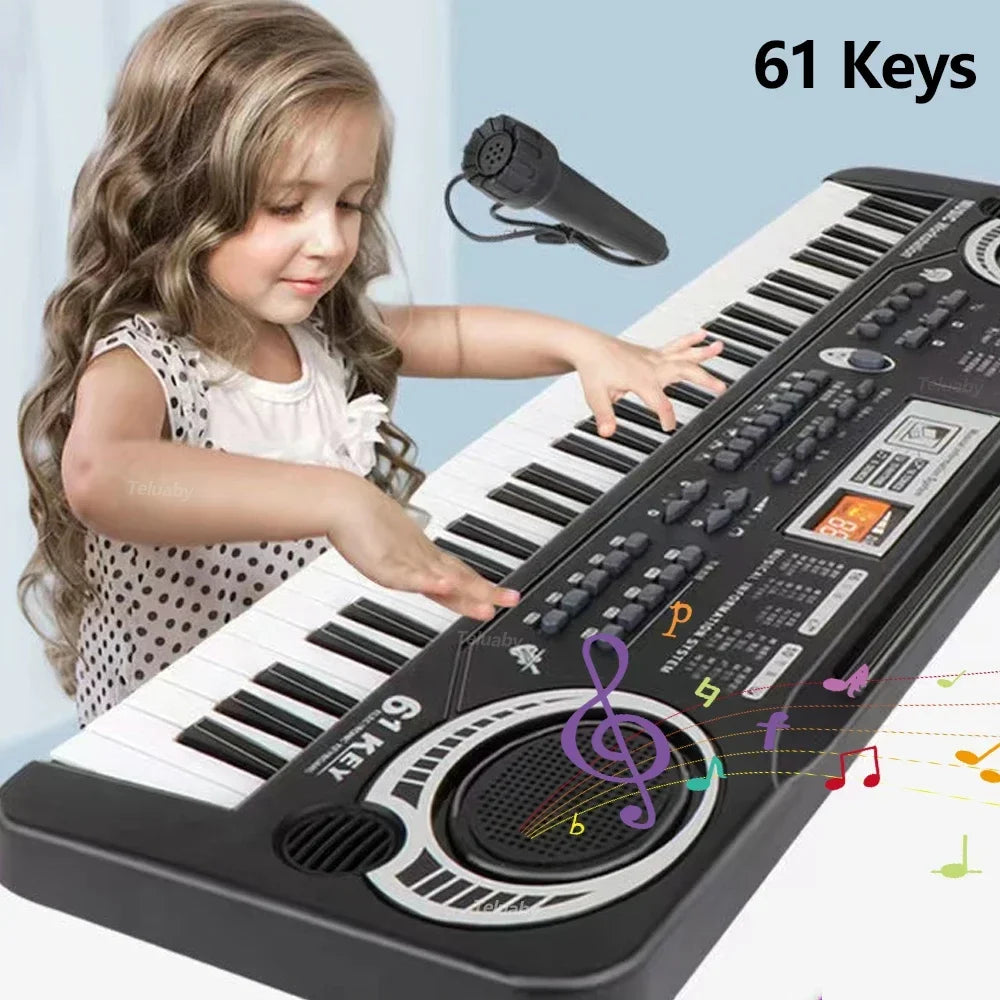 Child playing black electronic keyboard.
