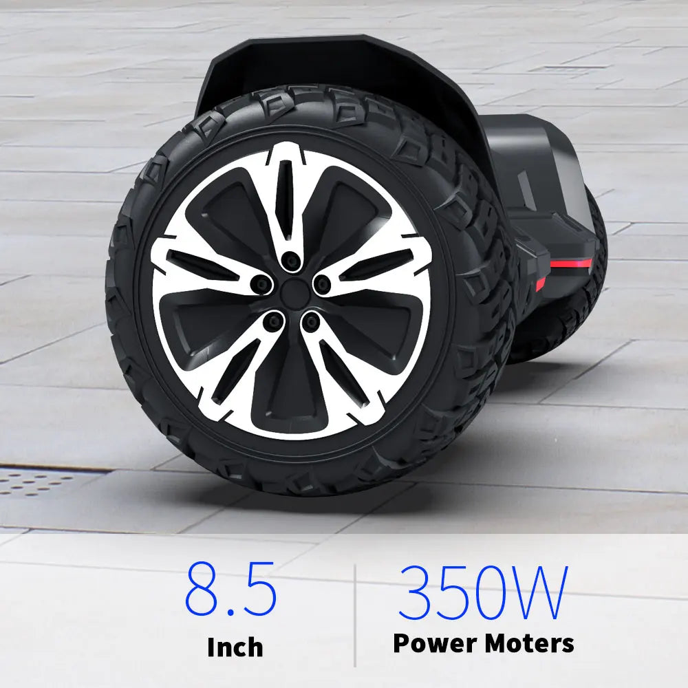 Hoverboard wheel close-up with size and power labels.
