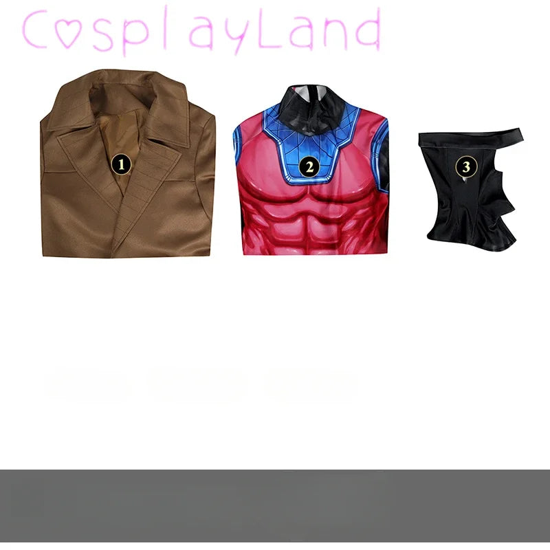Brown coat and superhero costume pieces.