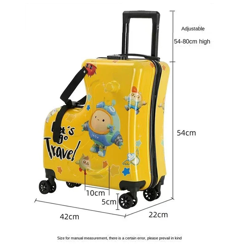 Yellow illustrated child-seat suitcase dimensions.