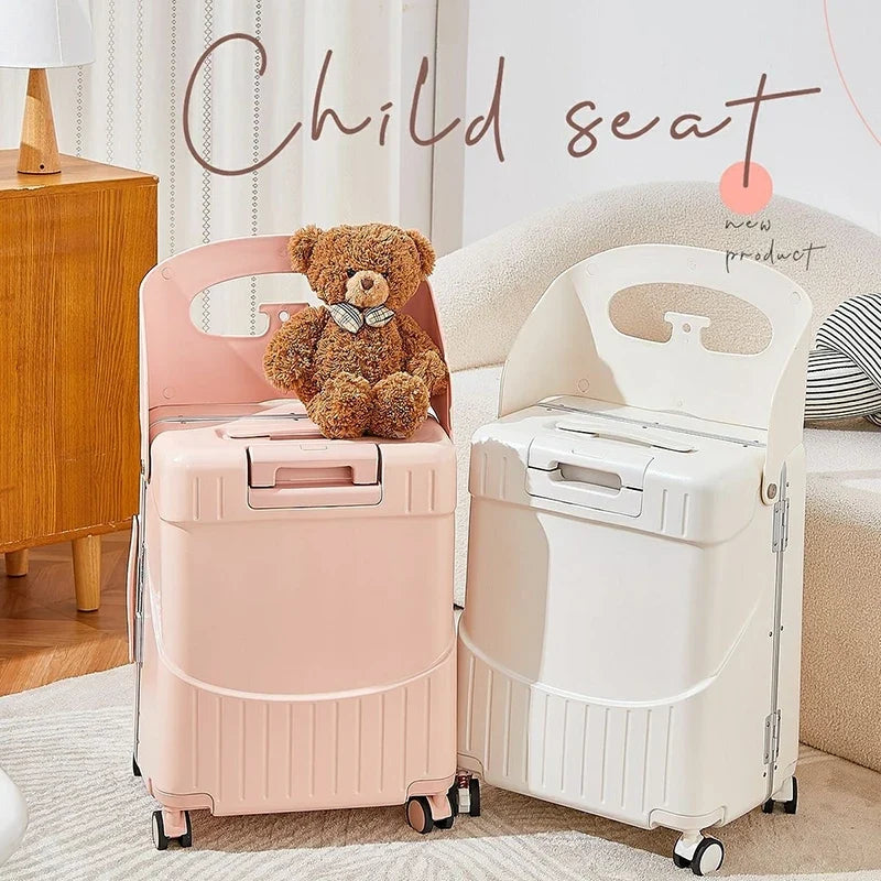 Pink and white child-seat suitcases.