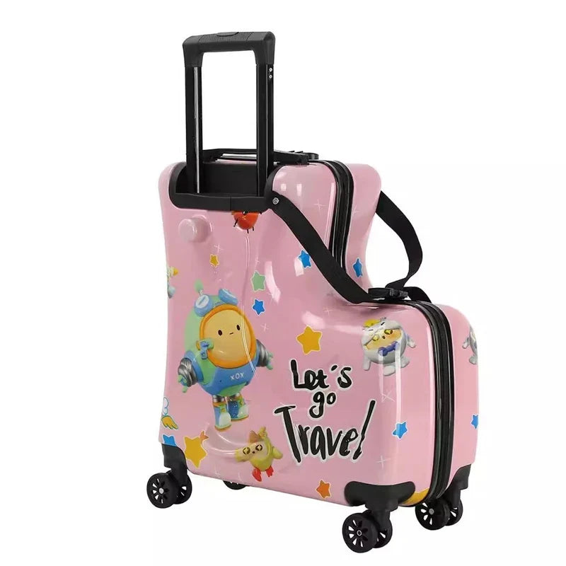 Pink illustrated child-seat suitcase.
