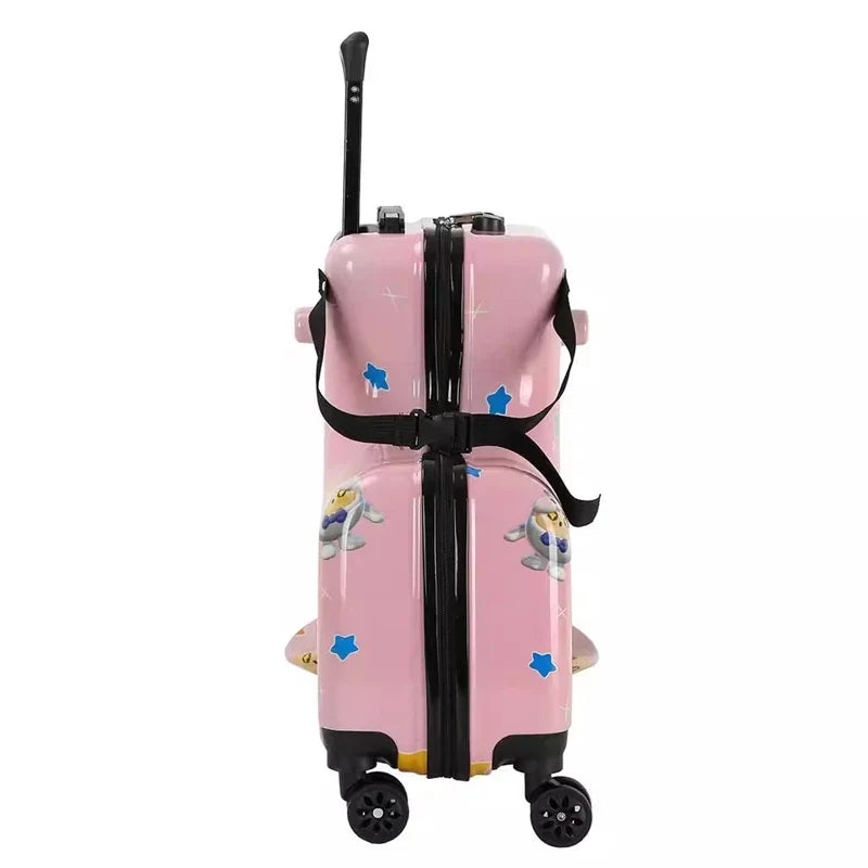 Pink illustrated child-seat suitcase rear view.