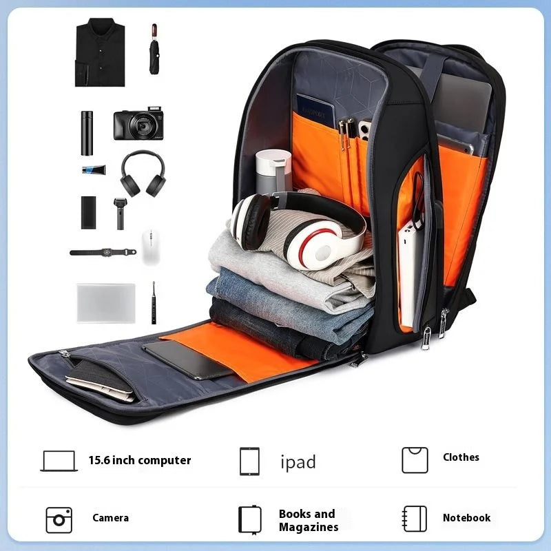 Open backpack with contents and feature graphic.