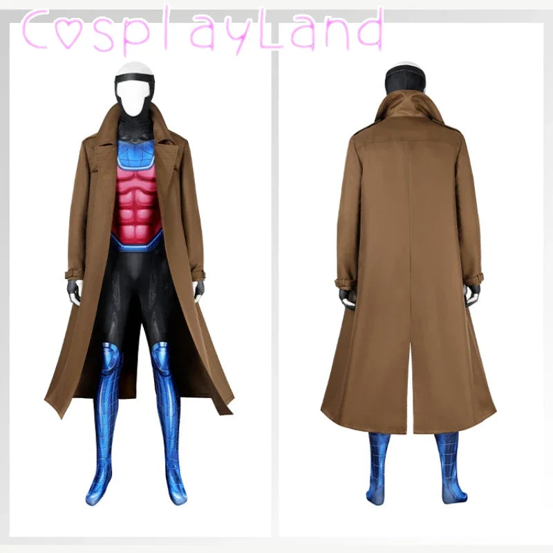 Superhero costume with brown coat front and rear.