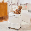 White child-seat suitcase with teddy bear.