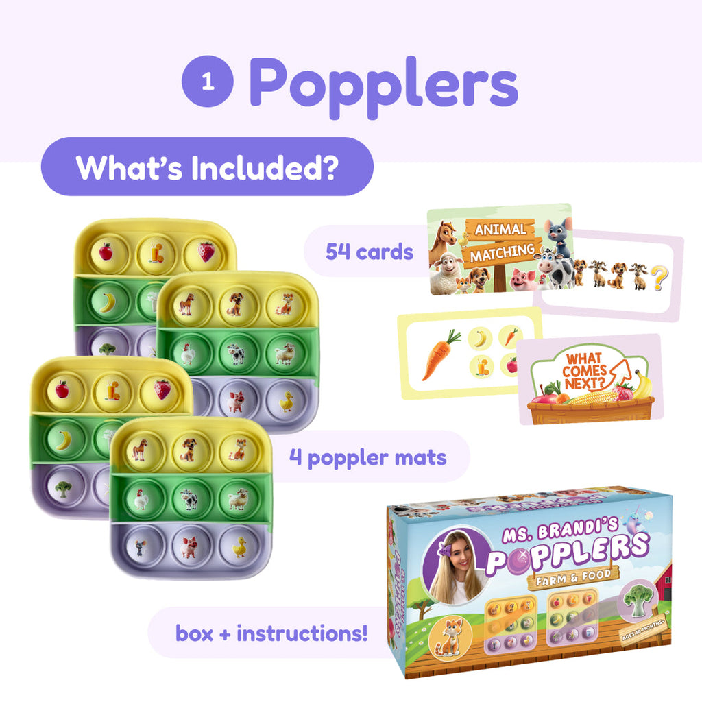 Popplers Farm and Food game contents graphic.