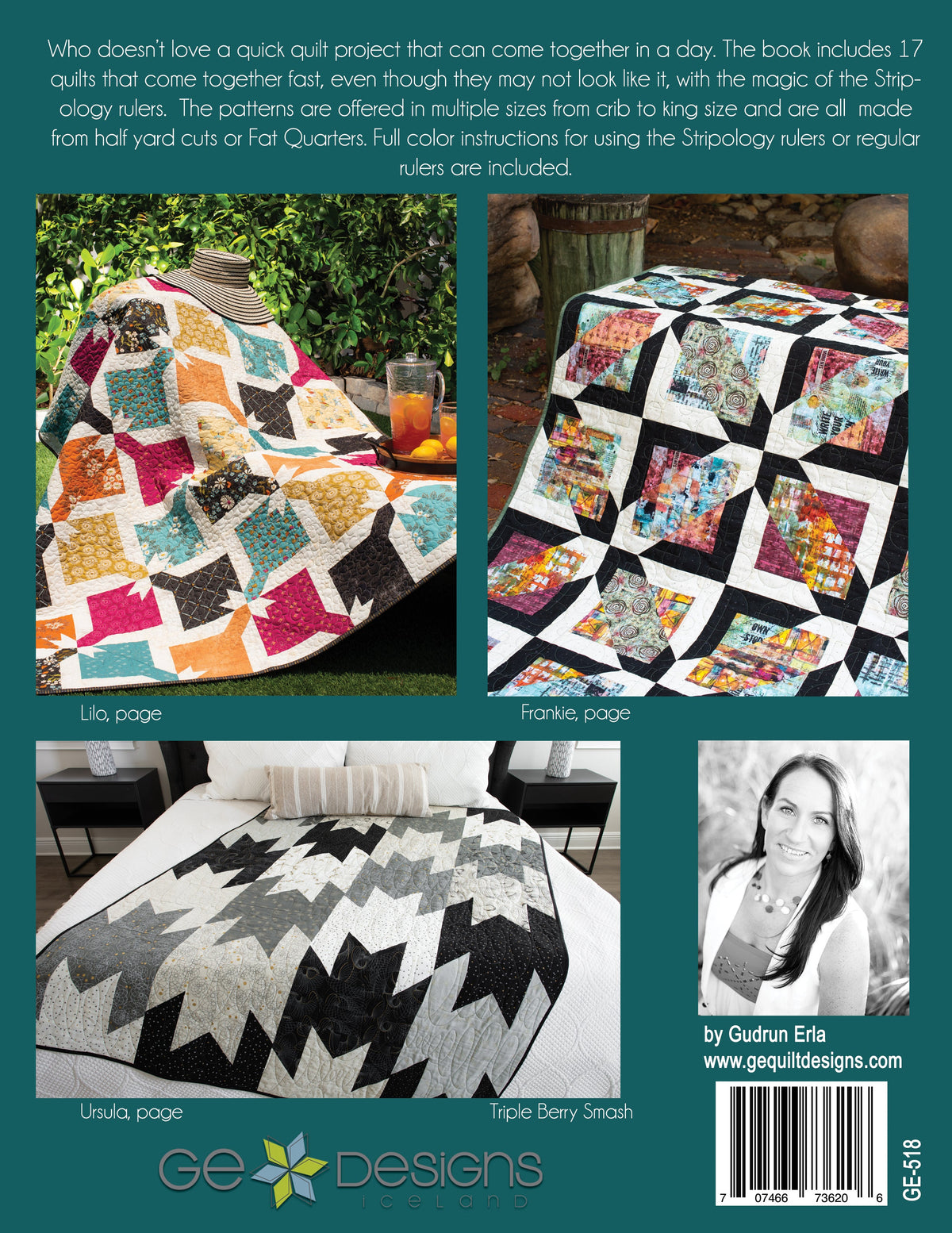 Back cover of quilt book with quilt examples.